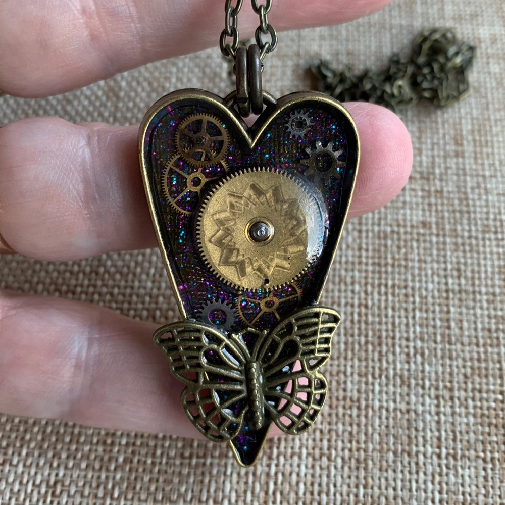 Butterfly victorian Steampunk Vintage Gears Necklace Handcrafted